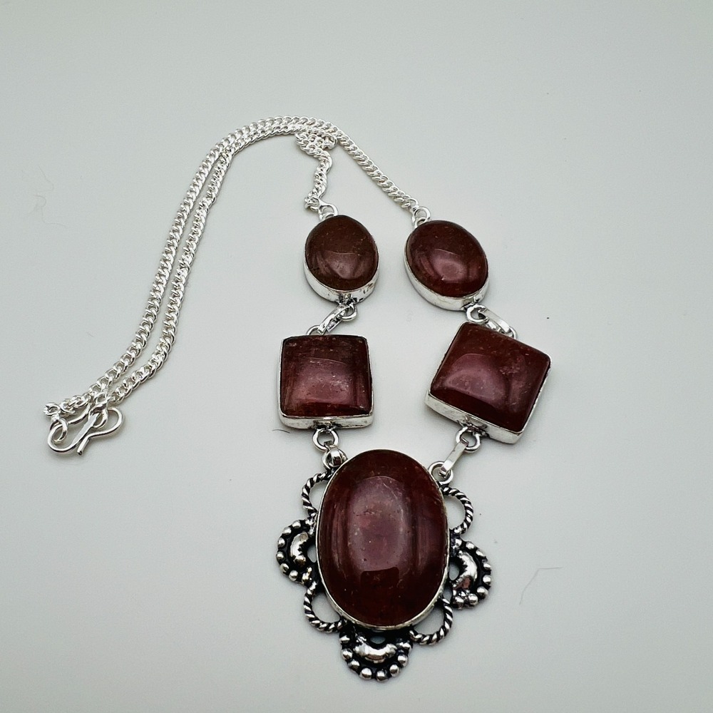 Statement Station Necklace Oval Red Aventurine Silver Tone Boho Bold Artisan